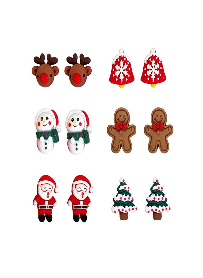 Cicod 6 Pair Christmas Stud Earrings Cute Polymer Clay Christmas Earrings Set Funny Bow Tree Santa Elk Snowman Gingerbread Holiday Earrings for Resin Xmas Jewelry for Women - Image 1